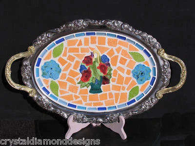 Flower Bouquet - Mosaic Silver Tray Handmade Look Good in Your Home - TR101 - Image 1 of 4