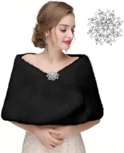 Black Faux Fur Shawl Wrap Cover Up Shrug Vintage Wedding Bridal Party Fur Wraps - Picture 1 of 7