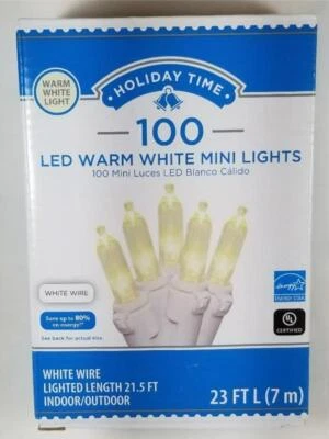 Holiday Time WARM WHITE Mini Christmas Lights 100 Count 21.5 Ft WHITE WIRE - Image 1 of 4