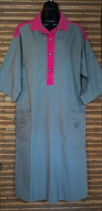 Vintage 70s 80s Womens XL Pink Gray Button Up Canvas Midi Shirt Dress Pockets - Picture 1 of 18