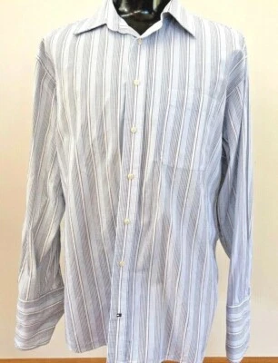 TOMMY HILFIGER SZ 43 NAVY/ PALE BLUE PINSTRIPED 100% COTTON L/SL BUTTON UP SHIRT - image 1 of 4
