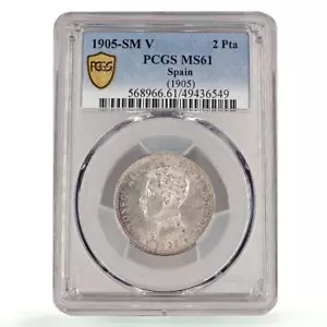 España 2 Pesetas Moneda Regular Alfonso XIII KM-725 MS61 PCGS Moneda Plata 1905 - Imagen 1 de 5