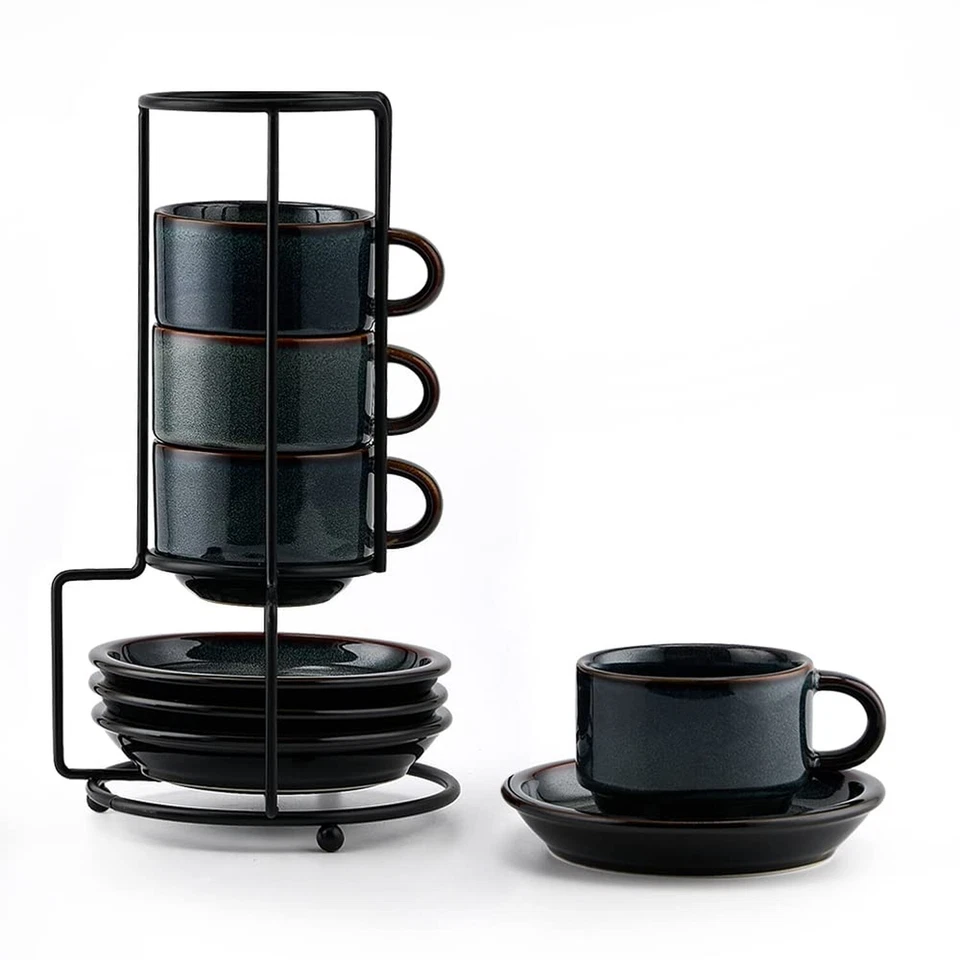 JIEMEI HOME Porcelain Espresso Cups Set of 4 with Saucers & Stand Green Blue