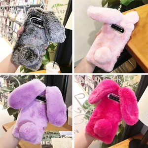 Cute Plush Bunny Fluffy Rabbit Ear Fur Back Phone Cover Cases For HUAWEI/Honor - Picture 1 of 12