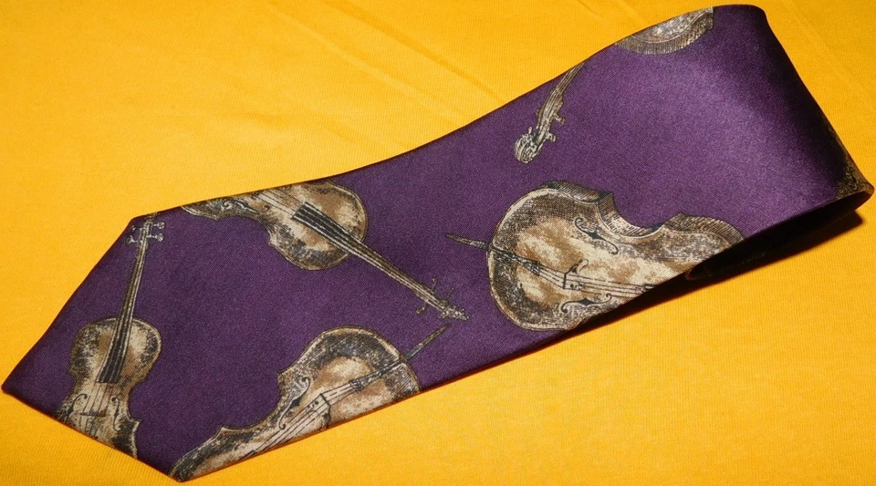 CLAIBORNE MADE IN U.S.A. PURPLE/BEIGE/BROWN VIOLIN MOTIF TIE - DESIGNER TIES. - Image 1 of 3