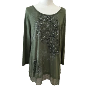 Vtg Y2k Faded Glory Sequin Top Women's XL Green Sheer Sharkbite Hem Fairy Grunge - Picture 1 of 10