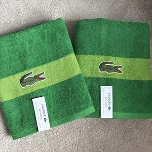 Lacoste Bath Towel Set Of 2 100% Cotton 30" x 52" Big Sewn On Logo Green NWT - Picture 1 of 6