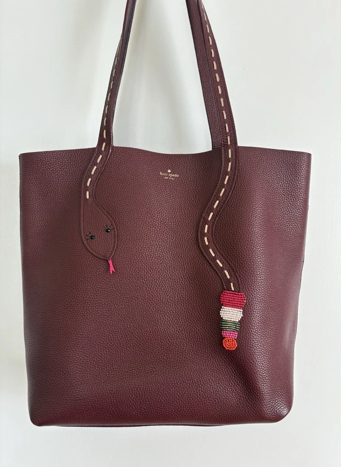 KATE SPADE Burgundy Pebbled Leather With Beaded Snake Tote/Shoulder Bag - Image 1 of 4