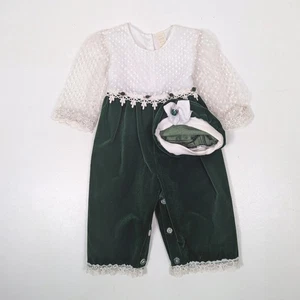 Vintage Outfit Mädchen Gr. 24m grün Samt Weihnachten Spitze Strampler Baskenmütze - Bild 1 von 8
