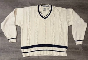 Preppy Gap Cable Knit Sweater Large Off White & Navy V Neck Slouchy Collegiate - Picture 1 of 10