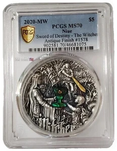 2020 2 Oz Silver $5 Niue SWORD OF DESTINY PCGS MS70 Gold Shield Small Slab Coin - Picture 1 of 8