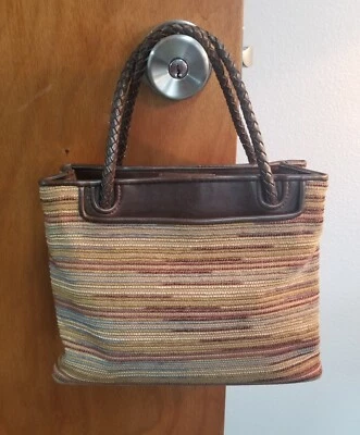 RELIQUIA Marrón Rayas Tela Pana Trenzado Cuero Asas Superiores Bolso de Mano Cartera Foto 1 de 4