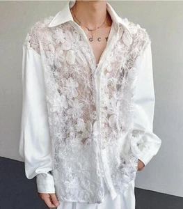 Camicia gotica uomo giovane manica lunga scavata floreale giuntura perline camicia top - Foto 1 di 5