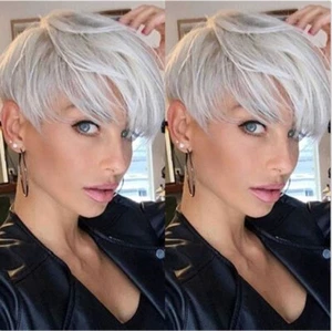 Women's Light Gray Pixie Cut Wigs Synthetic Hair Short Glueless Party Wig Soft - Picture 1 of 13
