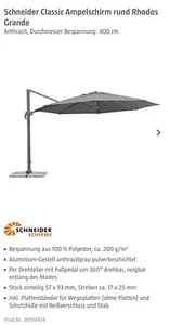 Ampelschirm Schneider Rhodos - Anthrazit; 3m, Rund - Bild 1 von 6