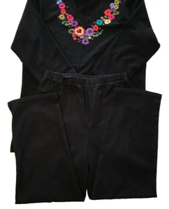 Denim & Co. Womens Blouse & Pants Set Black Floral Embroidered Stretch V Neck XS - Picture 1 of 12