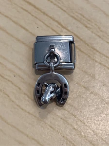 .925 Horseshoe with Horse Head on Stainless Steel Italian Charm #horse - Picture 1 of 3