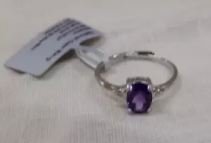 Womens Adjustable Silver Ring Signed 925 Natural Oval Shaped Amethyst Stone NEW - Picture 1 of 5