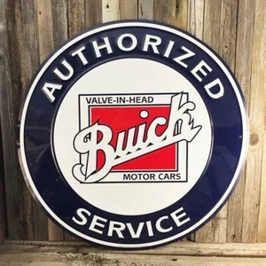 Insegna Latta Metallo Tonda Grande Servizio Autorizzato Buick Garage Uomo Grotta Nuova - Foto 1 di 2
