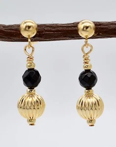 14K Solid Gold Faceted Onyx Black & Corrugated Beaded Drop Earrings - Picture 1 of 3