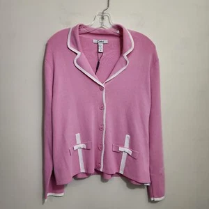 Carducci NWT VTG deadstock pink button front ribbed sweater w/ bow detail sz XL - Picture 1 of 10
