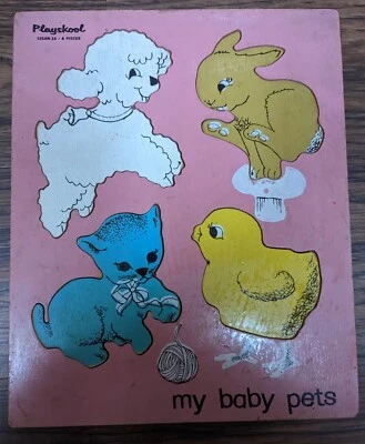 Vintage Playskool 155AN-14 My Baby Pets 4 Piece Wooden Puzzle Pink - Image 1 of 4