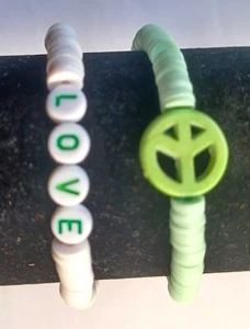 Green Heishi Disc Beaded Bracelets-Love - Picture 1 of 6