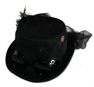 Deluxe Velvet 4.25" High Steampunk Full Size Top Hat Removable Goggle & Feathers - Picture 1 of 22
