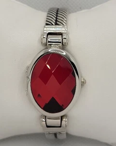 Ladies Via Nova Hidden Dial Red Faux Ruby Silver Tone Case Cuff Band Watch L6 - Picture 1 of 9