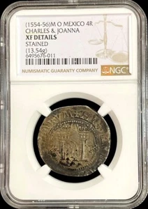 1554-1556 M O SILVER MEXICO 4 REALES CARLOS & JOANNA COLONIAL COB NGC XF DETAILS - Picture 1 of 2