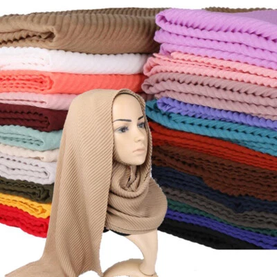Women Cotton Scarf Pleated Crinkle Hijab Muslim Head Wrap Shawls Soft Scarves - Image 1 of 4