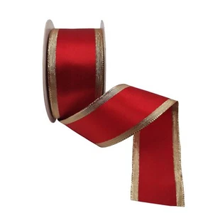 Double Sided Wired Red Satin Ribbon Gold Edge 1.5 Inch x 10 Yards Roll - Picture 1 of 4