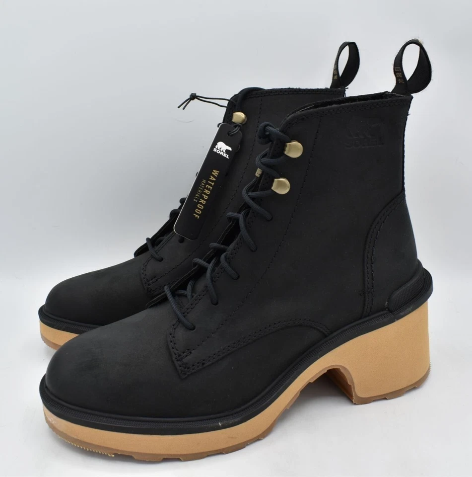 Sorel Womens Size 8.5 Hi-Line Black Leather Tawny Buff Lace Up Heeled Boots