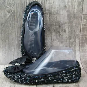 Sam & Libby Women 7.5 M Ballet Flats Black Blue Slip On Shoes Bow Sequins Fabric - Picture 1 of 11
