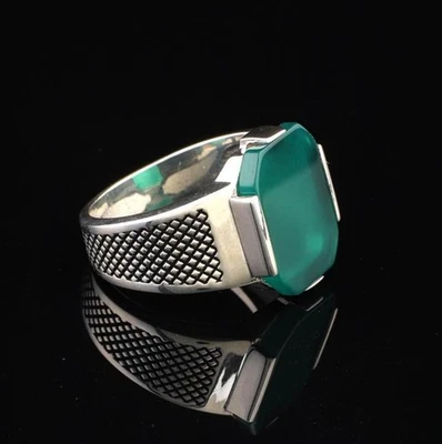 Chevalière en Argent Massif 925 Sertie Onyx vert - Photo 1/4