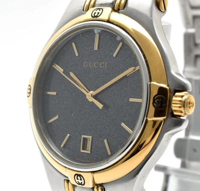 Vintage [N MINT] GUCCI 9040M Gold Black Dial Two Tone Qz 35mm Men's Watch JAPAN - Image 1 of 4