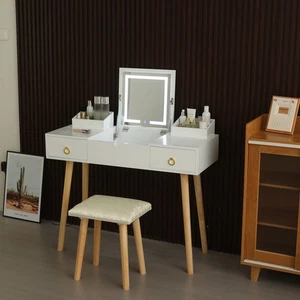 Juego de tocador escritorio con espejo iluminado LED y toma de corriente para dormitorio, baño - Imagen 1 de 9