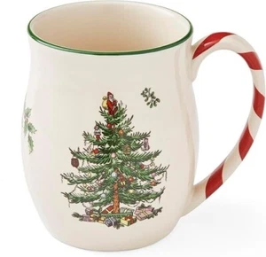 Spode CHRISTMAS TREE (Green Trim) Porcelain PEPPERMINT HANDLE 14 oz Mug NIB - Picture 1 of 5
