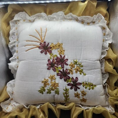 Ribbon Embroidery Decorative Floral Pillow 14"x14" With Ruffle Edge Vintage  - Image 1 of 4