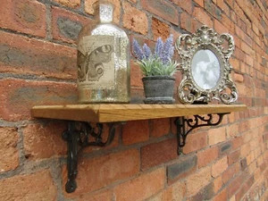 SOLID OAK WOOD HANDMADE SHELVES rustic Shelf cast iron shelf brackets - Picture 1 of 7