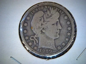 1909-D BARBER HEAD QUARTER DOLLAR, OLD U.S. QUARTER, SILVER - Picture 1 of 2