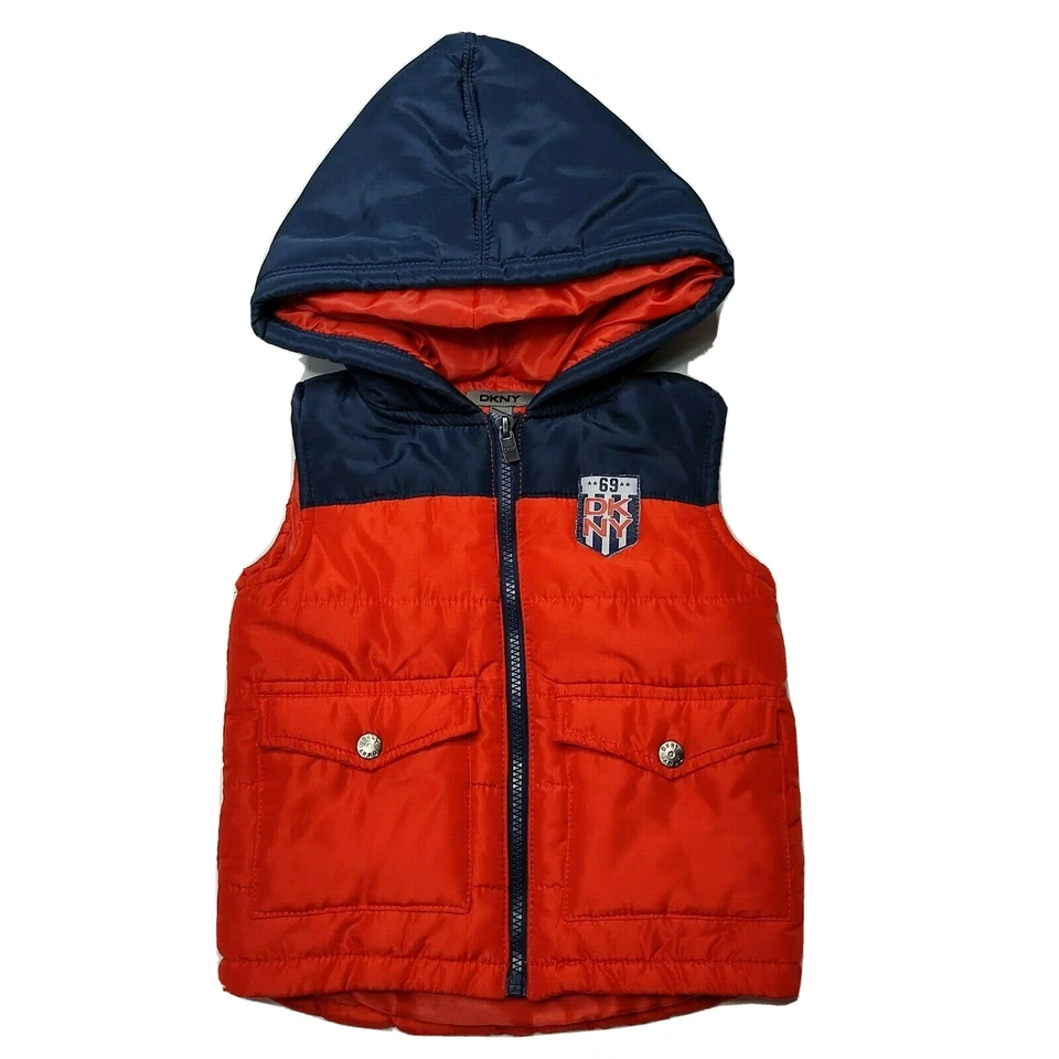 DKNY Baby Toddler 24m Hooded Puffer Vest Red & Blue - Image 1 of 4