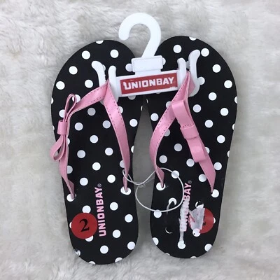 Unionbay Girls Sz 2 Black Pink Polka Dot Flip Flops Shoes Pink Bow *Read - Image 1 of 4