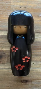 Japanese Black Kokeshi Doll with Red Cherry Blossom Pattern- Used - Picture 1 of 8