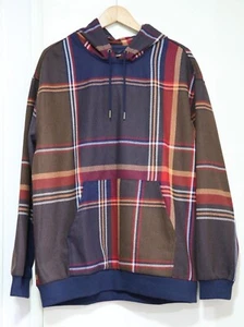 NEW Zara Men's Pullover Hoodie Size L Blue Brown Plaid Relaxed Fit Heavy Thick - Picture 1 of 11