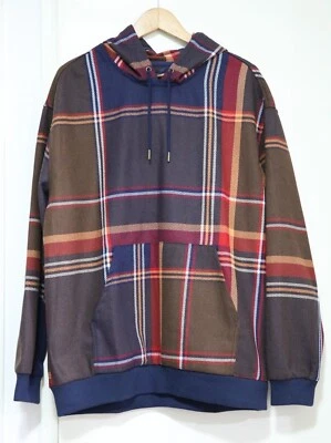 NEW Zara Men's Pullover Hoodie Size L Blue Brown Plaid Relaxed Fit Heavy Thick - Image 1 of 4