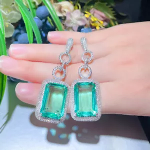 Pendientes colgantes largos cuadrados plateados circonita cúbica azul para mujer novias concurso - Imagen 1 de 11