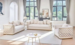 NEW Luxury White Cream Gold 3PC Sofa Velvet Contemporary Glam Living Room Set - Picture 1 of 6