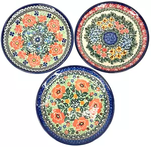 Set Of (x3) Unikat Polish Luncheon Pottery 8" Salad Plates Floral Poland - Picture 1 of 7