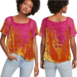 Anthropologie Maeve Velvet Burnout Blouse XS Pink Gold Floral Sheer Silk Blend - Picture 1 of 11